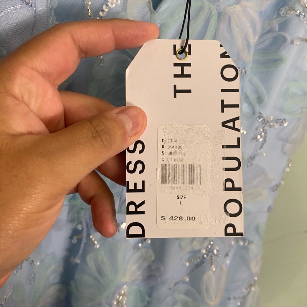 Dress The Population Audrey Sleeveless Lace Overlay Midi Dress Blue Tulle Sz L - Picture 5 of 10